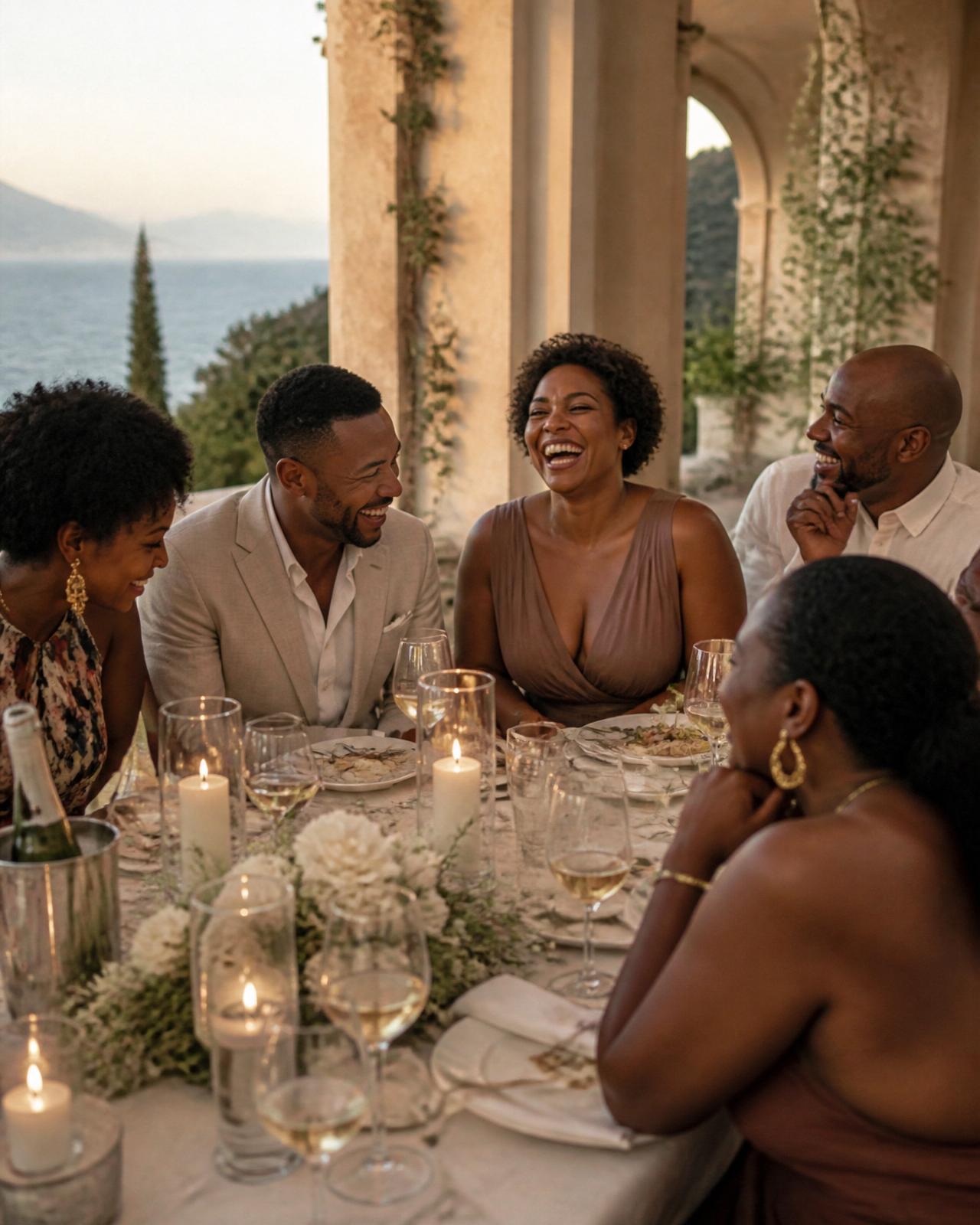 Friends laughing at a candlelit villa dinner
