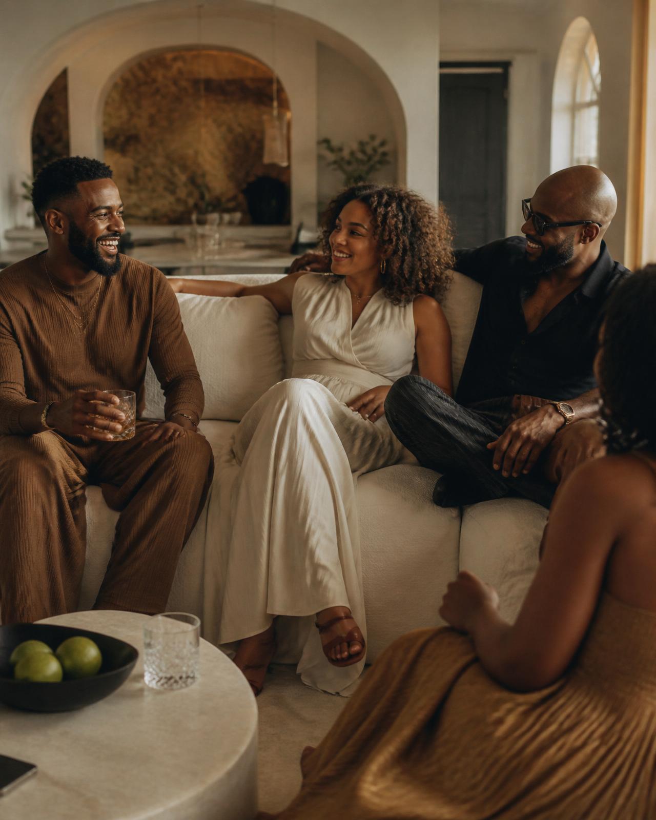 Friends in conversation on an ivory sofa